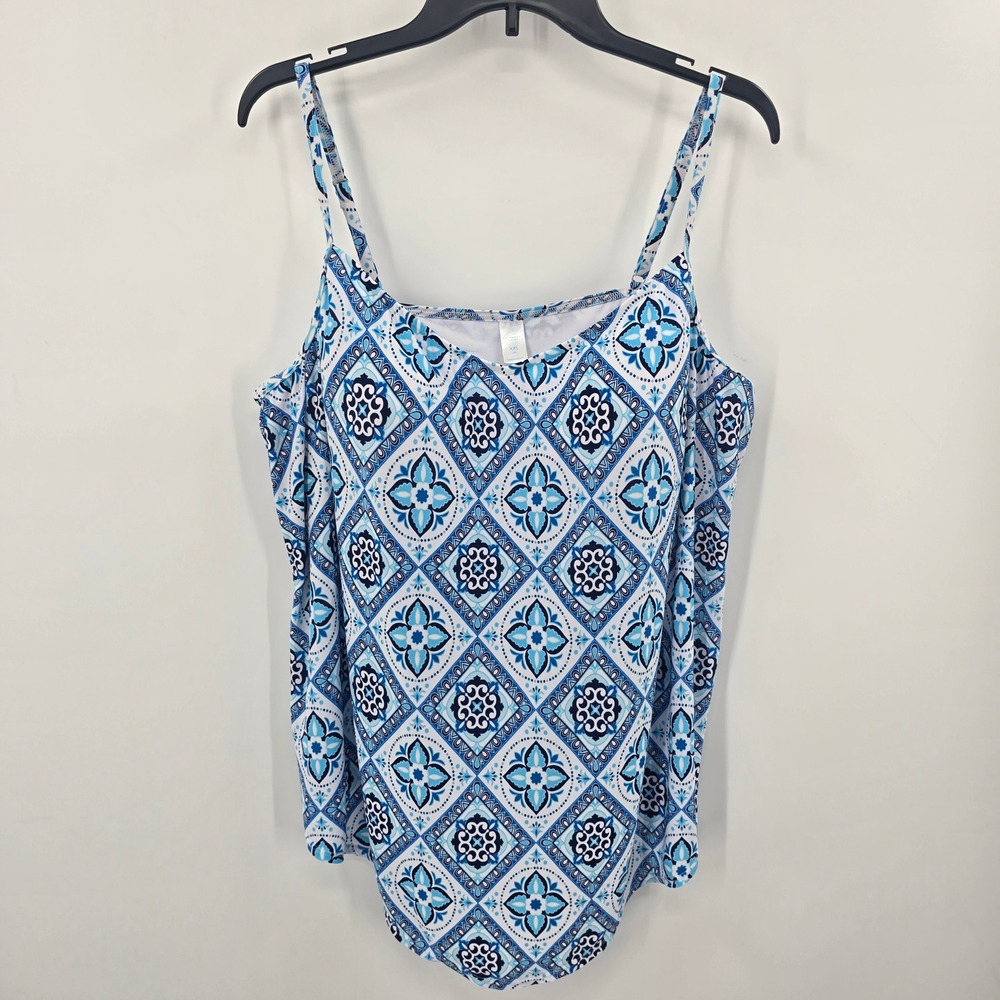 Bal Harbour Swim Blue White Tile Print Tankini Top XXL 20 Adjustable Straps